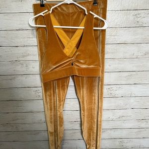 Fabletics Velvet Leggings and Twist-Back Sports Bra in Mustard Gold